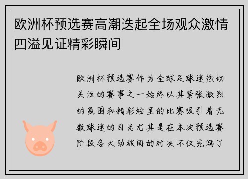 欧洲杯预选赛高潮迭起全场观众激情四溢见证精彩瞬间