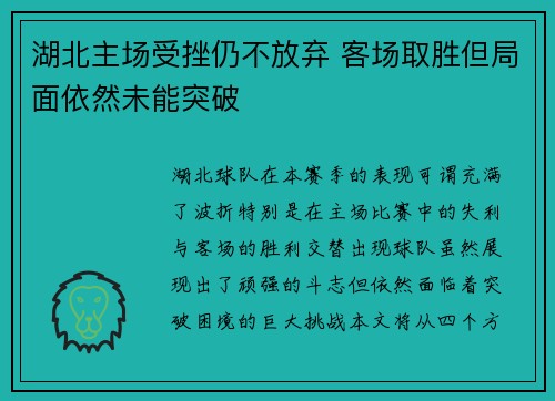 湖北主场受挫仍不放弃 客场取胜但局面依然未能突破